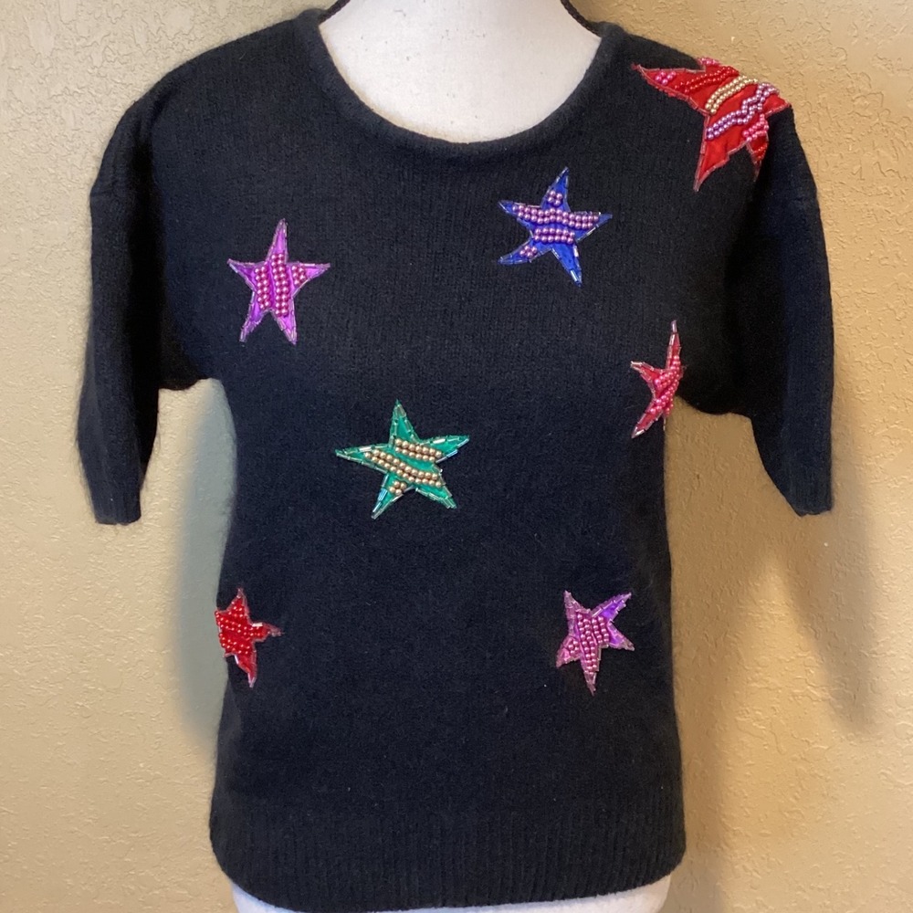 Vintage I.B. Diffusion silk/angora/lambswool sweater, Small, black, beaded Stars